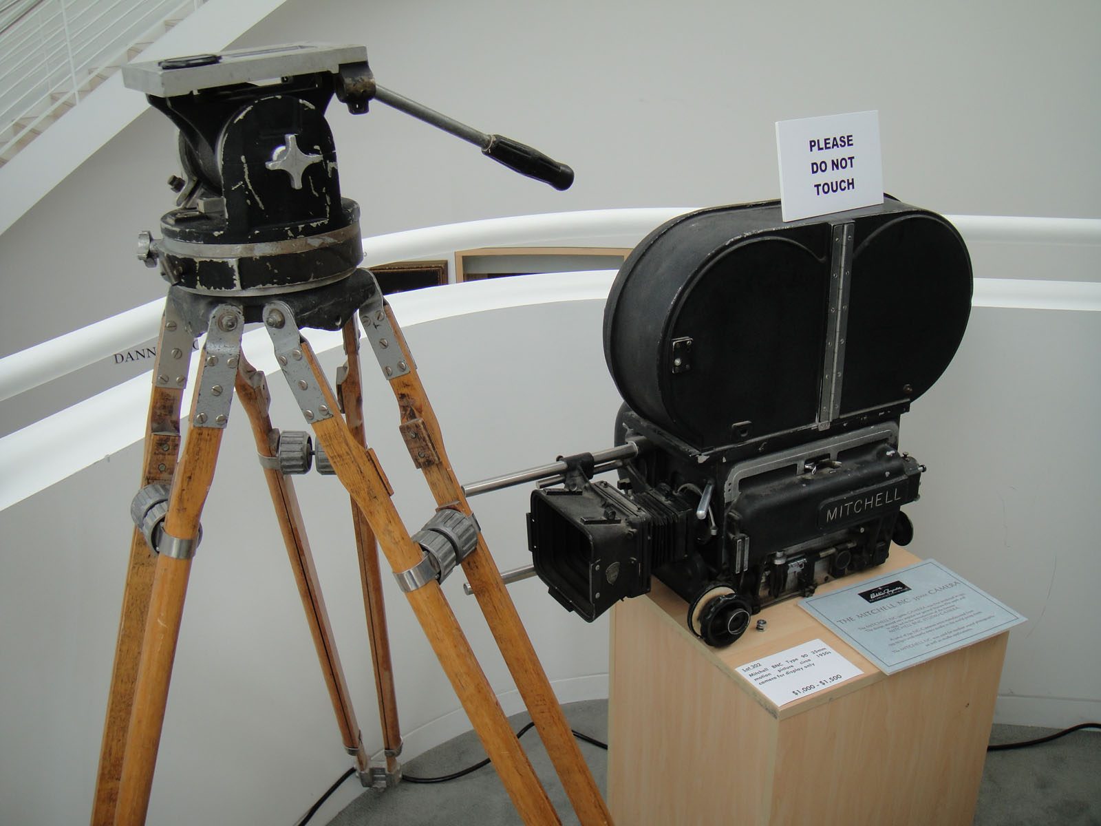 Mitchell NC 35mm camera on a wooden tripod, 1950s